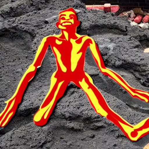 Image similar to stretch Armstrong starting to melt on hot coals