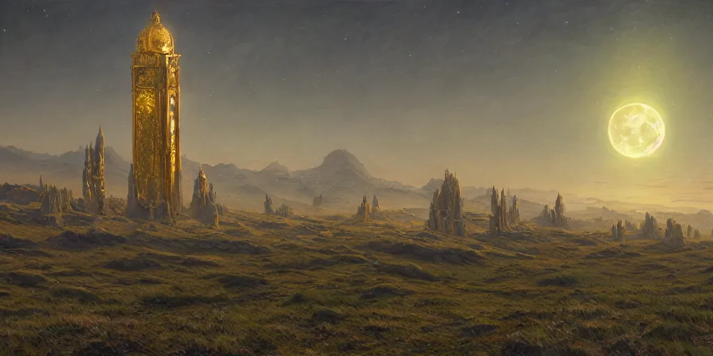 Prompt: The great intricate marble and golden wizards tower, painted landscape, green fields in the background, moody lighting, moon in the night sky, sharp image, 4k, art by Donato Giancola and Bayard Wu, digital art, trending on artstation