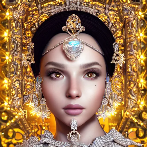 Image similar to portrait of pretty princess with perfect skin, glowing, ornate and intricate diamond jewelry, jaw dropping beauty, ornate and intricate backdrop, white accent lighting, hyper detailed, 4 k octane render