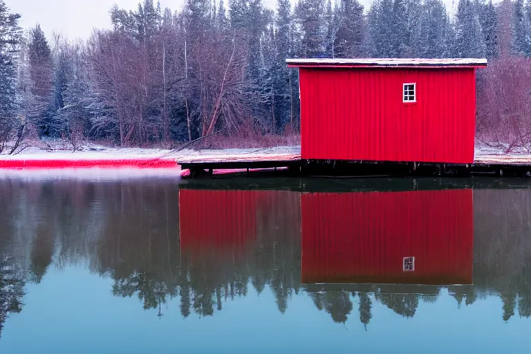 Prompt: landscape photography. bright red fishing shack on a frozen lake with reflection in the water, wes anderson film screenshot