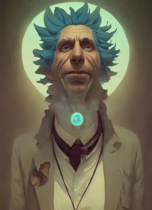 Image similar to highly detailed surreal vfx portrait of a rick sanchez, stephen bliss, unreal engine, greg rutkowski, loish, rhads, beeple, makoto shinkai and lois van baarle, ilya kuvshinov, rossdraws, tom bagshaw, alphonse mucha, global illumination, detailed and intricate environment