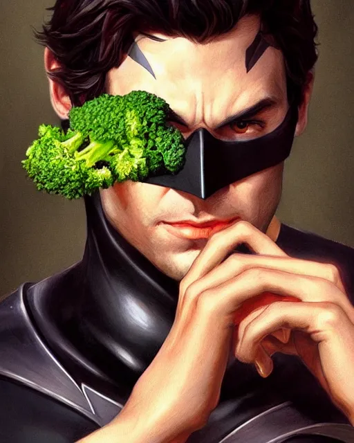 Image similar to Close-up stunning portrait of Batman eating broccoli, digital painting, concept art, highly detailed, digital painting, Trending on Artstation, 8K, by artgerm and greg rutkowski and alphonse mucha