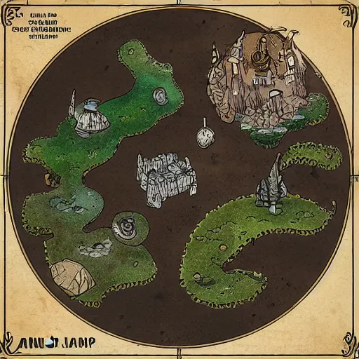 Image similar to an illustrated fantasy map of a small outpost. junk planet. d & d. clear design. minimal.