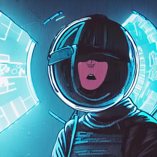 Image similar to in the style of max prentis and deathburger and laurie greasley a close up of a young explorer wearing a cyberpunk headpiece who is standing in front of a large circular ancient glowing portal, highly detailed, 8k wallpaper