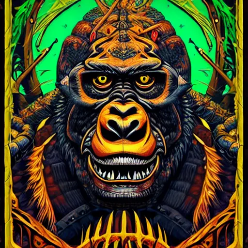 Image similar to barong family member, wiwek, mara demon, one single tribe member, jungle, one single mask, dark, ancient warrior, gorilla, lizard, tribal, inner glow, art by dan mumford and justin gerard