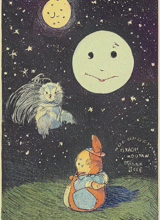 Prompt: candid portrait of a moon with a face in the starry sky, illustrated by peggy fortnum and beatrix potter and sir john tenniel