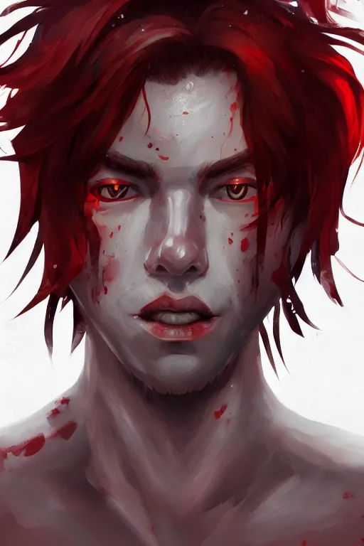 Image similar to A handsome man with a blood red hair in the style of risk of rain, white eyes, fantasy, portrait, sharp focus, intricate, elegant, digital painting, artstation, matte, highly detailed, concept art, illustration, ambient lighting