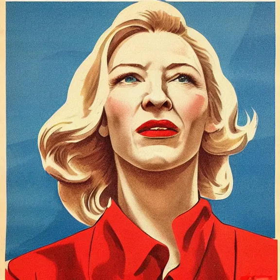 Image similar to soviet propaganda poster with cate blanchett calling on the world community to fight against Nazism, Ultra Detailed, high resolution, soviet realism