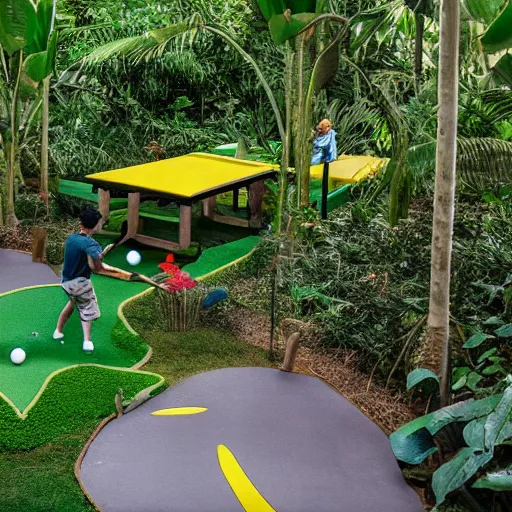 Prompt: an overview of a mini - golf course in a jungle