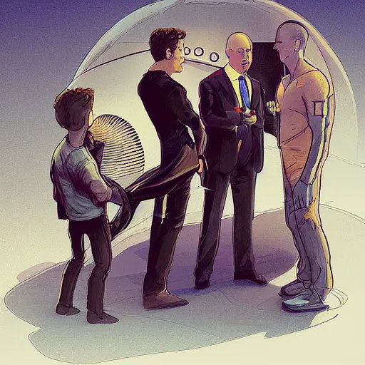 Prompt: cell shaded illustration of a meeting between elon musk, mark zuckerberg, jeff bezos, very detailled, art contest winner on behance, trendy on deviant art, by by artgem, greg rutkowski, by greg tocchini, by joe fenton