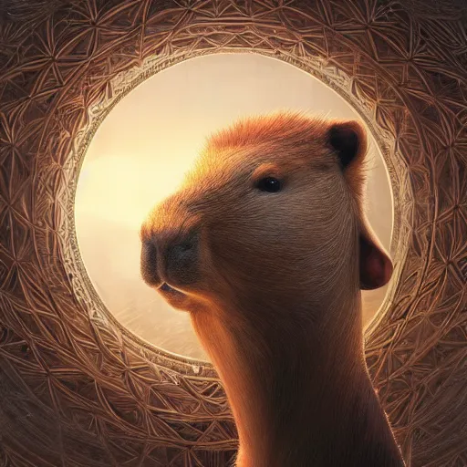 Image similar to capybara surrounded by sacred geometry made from elven architecture, gorgeous, powerful, cinematic, beautifully lit, by artgerm, by karol bak, 3 d, trending on artstation, octane render