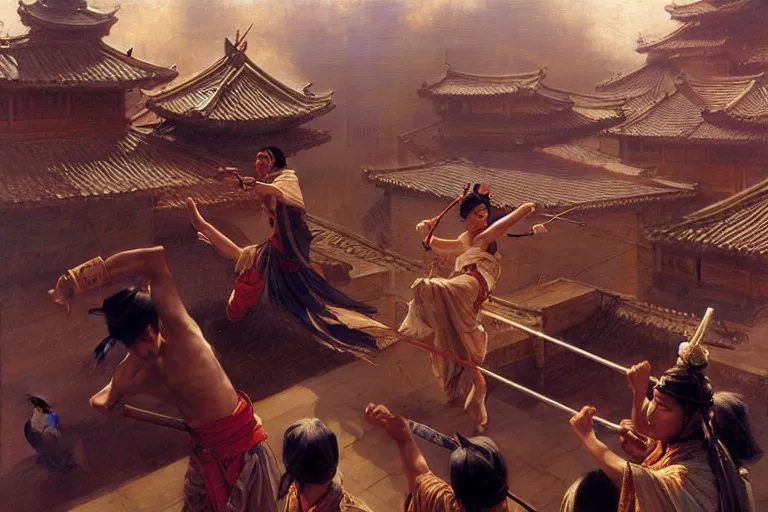 Prompt: wuxia, fight on the roof, painting by gaston bussiere, craig mullins, j. c. leyendecker