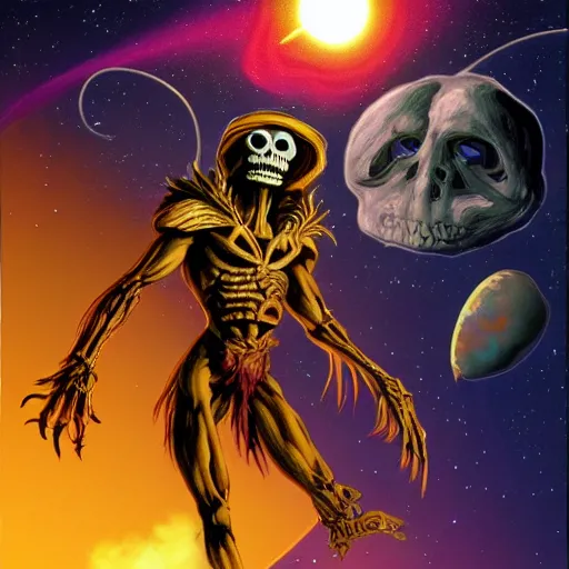 Prompt: skeletor and the dark crystal in space, 3 d, concept art