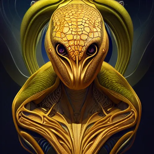 Image similar to hyper advanced alien evolved from crocodile, sci fi, glowing eyes, volumetric lights, gold theme, art nouveau botanicals, intricate, highly detailed, digital painting, artstation, concept art, smooth, sharp focus, cinematic, illustration, beautiful face, art by artgerm and james gurney and alphonse mucha