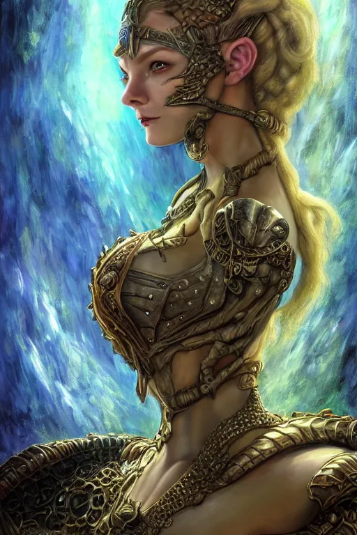 Prompt: A fantasy comic book style portrait painting of Ella Fanning as an Atlantean Reptilian Warrior, Mystical Valkyrie, unreal 5, DAZ, hyperrealistic, octane render, Regal, Refined, Detailed Digital Art, RPG portrait, Michael Cheval, Walt Disney (1937), François Boucher, Oil Painting, Steampunk, Josephine wall, dynamic lighting, Highly Detailed, Cinematic Lighting, Unreal Engine, 8k, HD