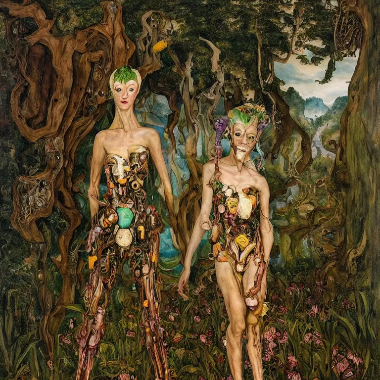 Image similar to a grinning dryad girl, who looks like a cybernetic alien stands pround in the middle of a river valley. around her are tropical birds and orchids and she is wearing an iris van herpen dress. painted by jan van eyck, egon schiele and max ernst, trending on artstation, 8 k, award winning, high octane