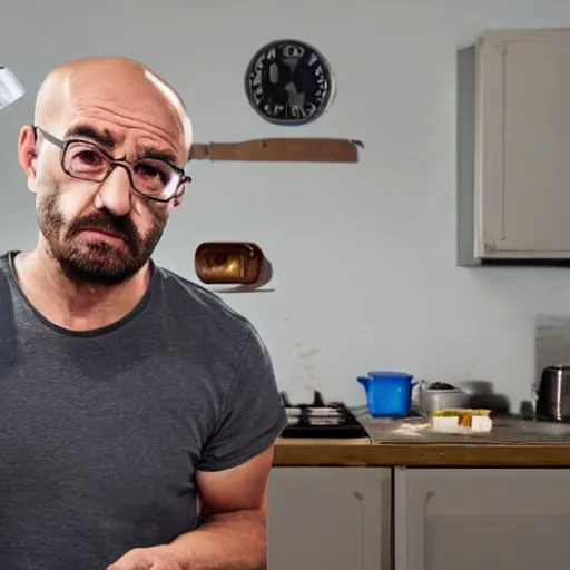 Prompt: man caught cooking meth, long shot, realistic photo, real life shot