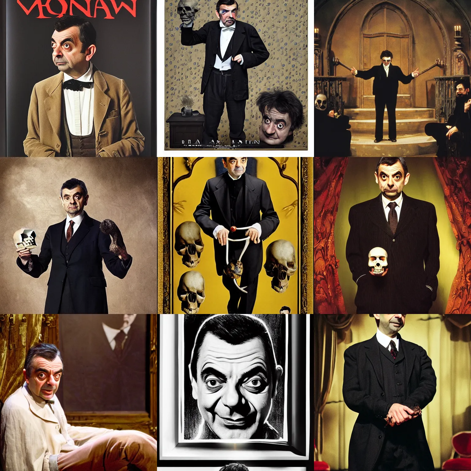 Prompt: mr bean ( rowan atkinson ) plays ( ( ( hamlet ) ) ) with a skull on a stage, dramatic, ( ( stage lights ) ), sharp focus, photorealistic, ( ( theatrical ) ), dramatic, directed by robin lough, inspired by laurence olivier, theater poster made by john everett millais