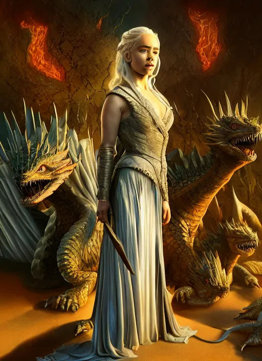 Prompt: emilia clarke as queen daenerys stormborn with her dragons, by michael whelan, detailed matte painting, 8 k resolution