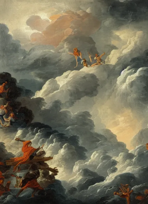 Prompt: all the gods fighting with each other over Mount Olympus, in stormy weather, early 18 century