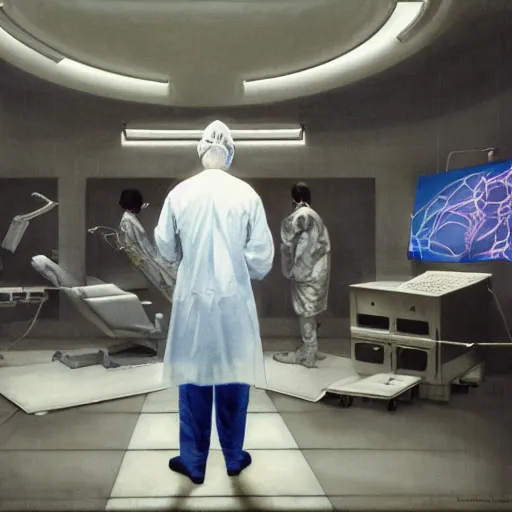 Image similar to A mixed media painting of a surgeon standing in an operating room, surrounded by new technology, infused with lightning, very aesthetic, curvy, surgical mask covering face, surgical gown and scrubs on, by Frank Frazetta, Greg Rutkowski, Boris Vallejo, Beeple, Yoko Taro, Christian MacNevin, CGsociety, full length, exquisite detail, post-processing, masterpiece, cinematic