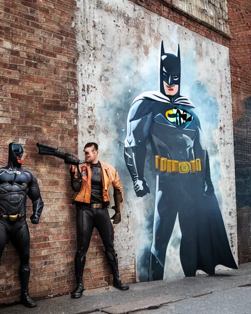 Image similar to happy batman firing supersoaker at happy criminals in an alleyway, product advertisement, photograph