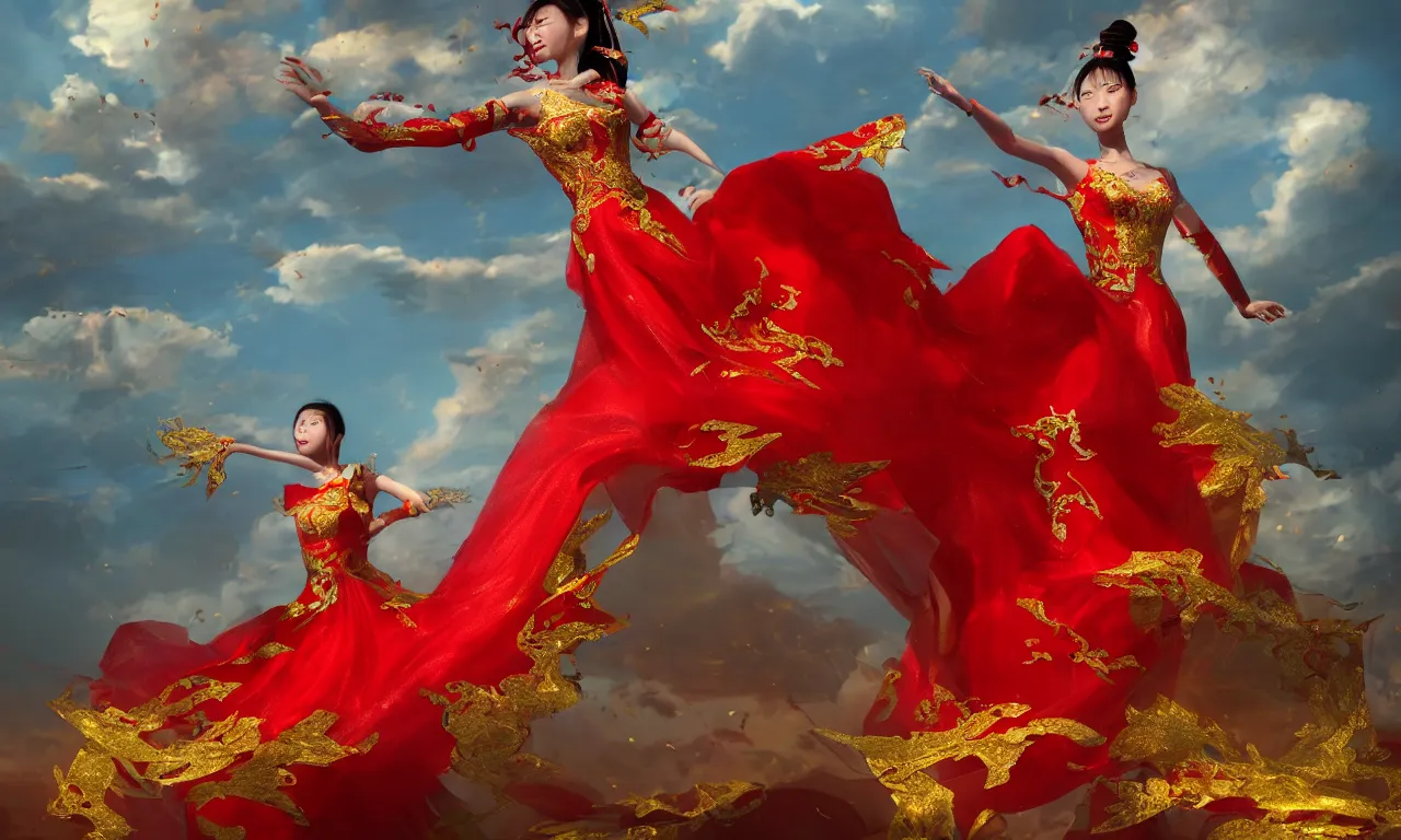 Image similar to chinese princess, dance, fairy, beautiful, stunning, red and gold dress, spinning in the sky, unreal engine, concept art, photo realism, film, james jean, akira, satochi con, character design, void arcanist, mist, photorealistic, octane render, unreal engine, hyper detailed, volumetric lighting, 8 k