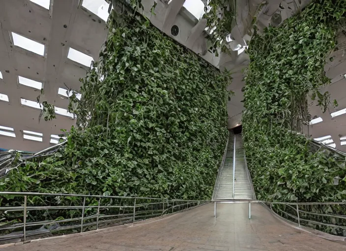 Prompt: an escalator in an abandoned mall in the 1 9 8 0 s, taken over by nature, covered in vines, brutalism