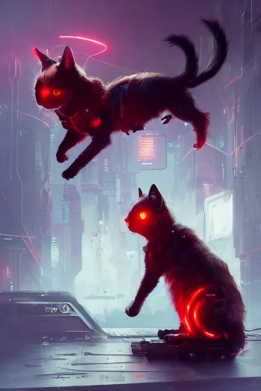 Image similar to A a very cute cyberpunk cat character, red hair, metal parts, glowing eyes, profile picture by Greg Rutkowski, Matte Painting, trending on the artstation