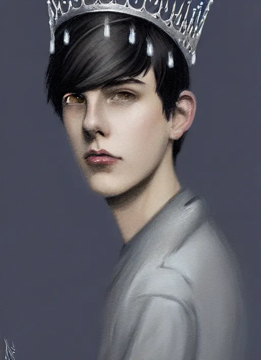 Image similar to portrait of teenage jughead jones wearing a light grey crown, photorealistic, crown, eyes closed, crown, black hair, intricate, elegant, glowing lights, highly detailed, digital painting, artstation, concept art, smooth, sharp focus, illustration, art by wlop, mars ravelo and greg rutkowski