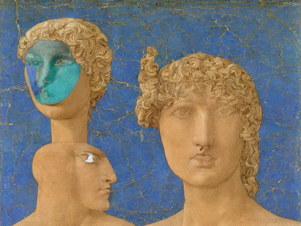 Prompt: broken marble greek sculpture head of the god of tranquility with inlaid crystal eye. lapis - lazuli, turquoise, malachite, cinnabar, earth brown. painting by piero della francesca, balthus, agnes pelton