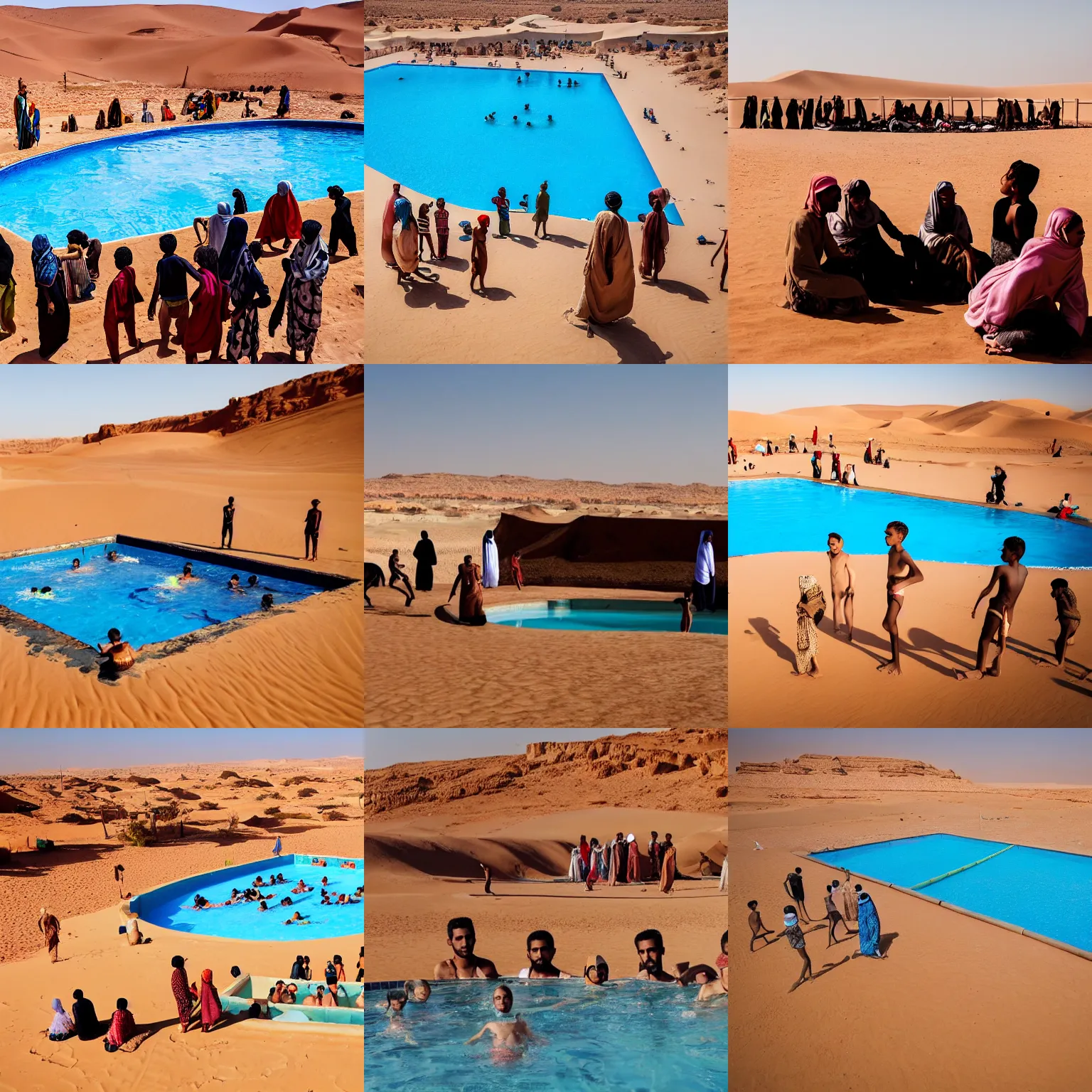 Prompt: group of young bedouin people surrounding a manmade swimming pool in the sahara desert