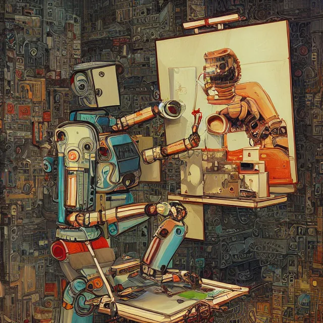 Image similar to robot artist painting a self - portrait on a canvas. intricate, highly detailed, digital matte painting, in the style of alexandros pyromallis, and in the style of sachin teng, and in the style of hans thoma, and in the style of frank kelly freas. irony, recursion, inspiration.