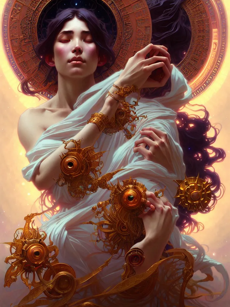 Image similar to ultra realistic, awakening of the cosmic goddess, intricate details, eerie, artstation, highly detailed, 8k, art by artgerm and greg rutkowski and alphonse mucha