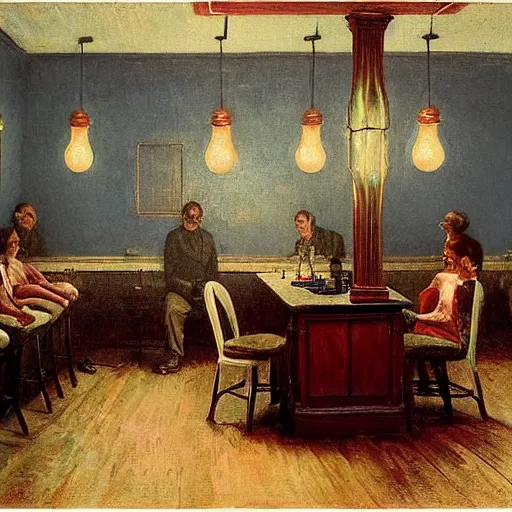 Image similar to ice cream parlor ( 1 8 5 0 ). the room is dimly lit with a single flickering lightbulb. the ice cream case has leaked melted ice cream onto the floor, the shape of the melted ice cream puddle is reminiscent of werewolf fangs. there is an eerie blue glow. by thomas eakins