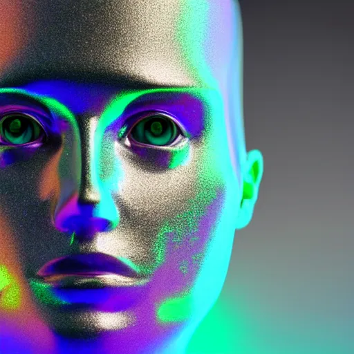 Image similar to 3d render of holographic human robotic head made of glossy iridescent, surrealistic 3d illustration of a human face non-binary, non binary model, 3d model human, cryengine, made of holographic texture, holographic material, holographic rainbow, concept of cyborg and artificial intelligence