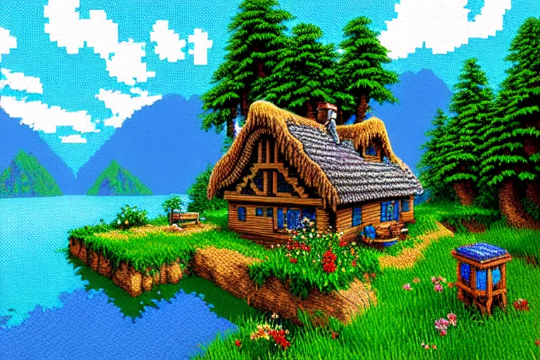 Image similar to view of a cottage above an azure lake, beautiful detailed pixelart by albertov in the style of quest for glory iii, intricate details, beautiful, dithered, gradients, volumetric lighting, cgsociety, artstation, 2 d