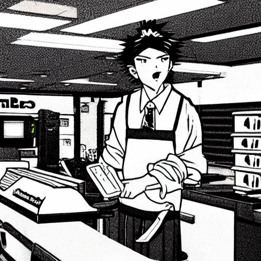 Image similar to A retro anime person working at a tacobell in the 80s with vhs filter