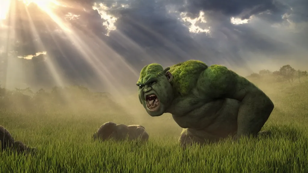 Prompt: a huge violent angry ogre stomps through a meadow, crepuscular rays, photorealistic