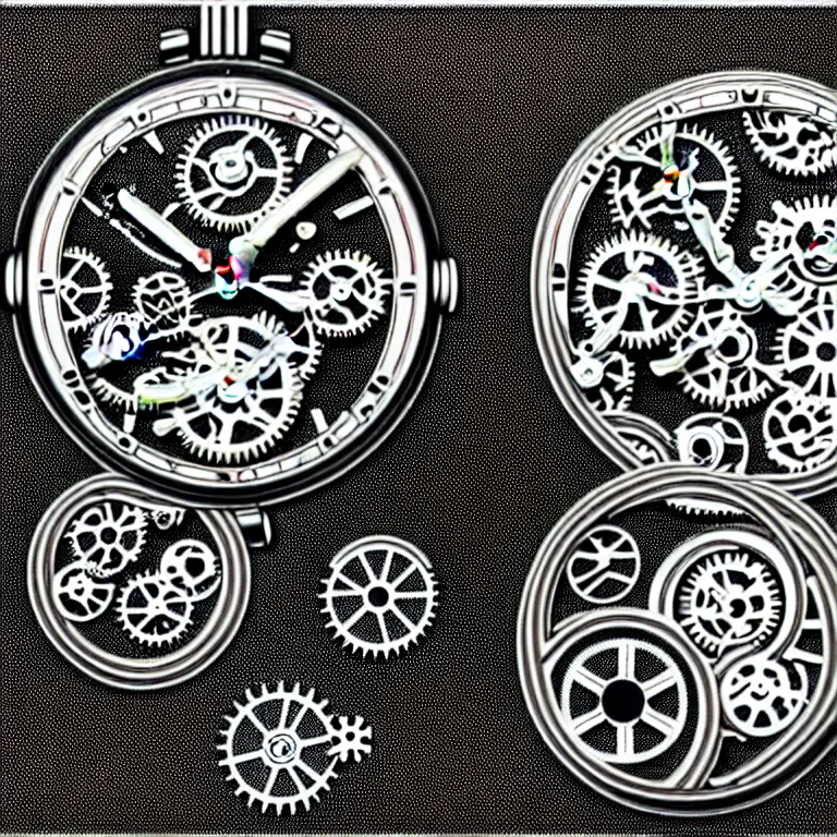 Prompt: a black and white drawing of variety of sea life and mechanical gears cogs inside a watch, a microscopic photo by ernst haeckel, zbrush central, kinetic pointillism, intricate patterns, photoillustration