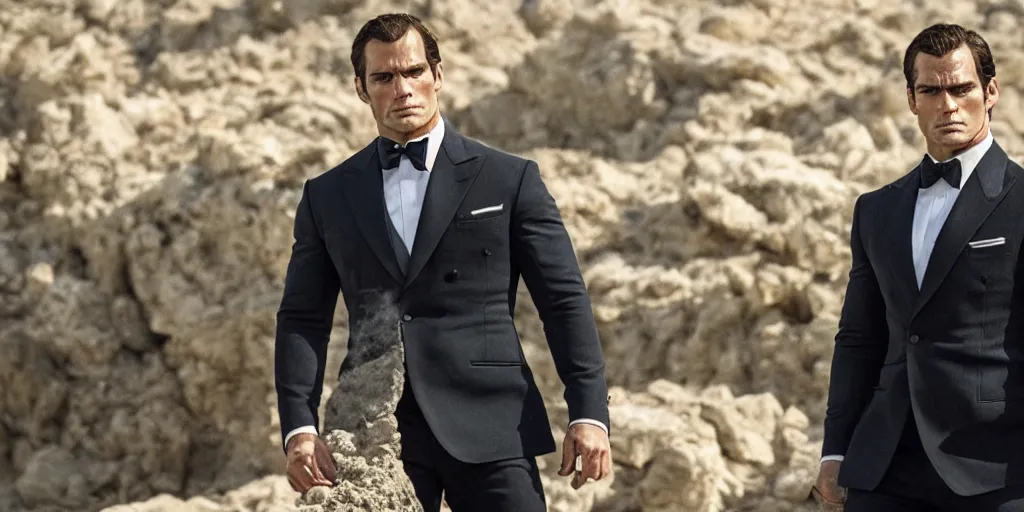 Prompt: still photo from henry cavill as james bond, red digital cinema 8 k