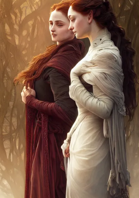 Image similar to portrait of sansa stark and arya, intricate, elegant, highly detailed, digital painting, artstation, concept art, smooth, sharp focus, illustration, art by artgerm and greg rutkowski and alphonse mucha and william - adolphe bouguereau