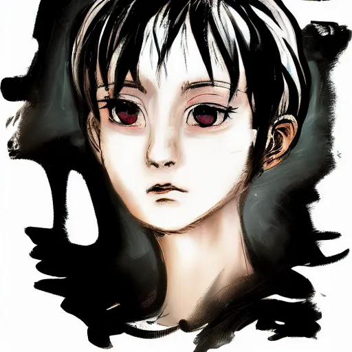 Image similar to Renaissance oil portrait of a manga style girl with short white hair and black eyes in the style of Yoshitaka Amano, abstract black and white background, large film grain, expressive brush strokes