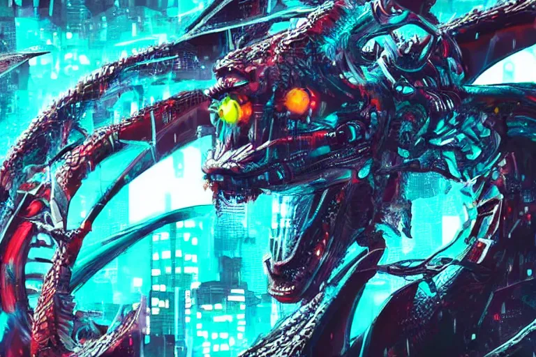 Image similar to a video call from a dragon with a highly detailed face. cyberpunk color scheme and theme.