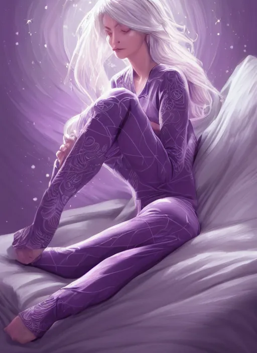 Prompt: a highly detailed illustration of silver haired woman wearing purple star onesie floating on pillow, dramatic floating pose, sleepy expression, intricate, elegant, highly detailed, centered, digital painting, artstation, concept art, smooth, sharp focus, league of legends concept art, wlop