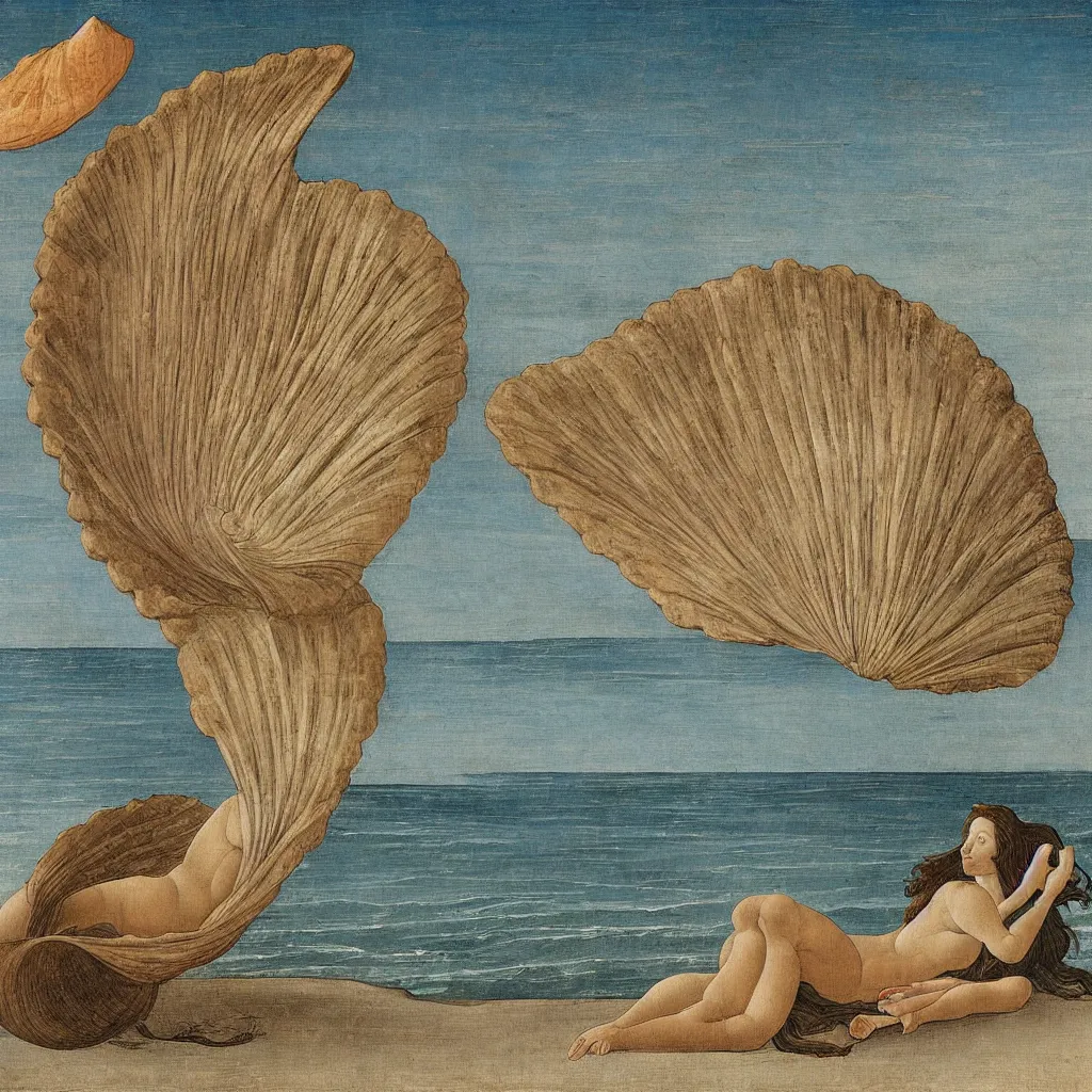 Image similar to a painting of an empty beach with a giant open shell in the sand, by botticelli