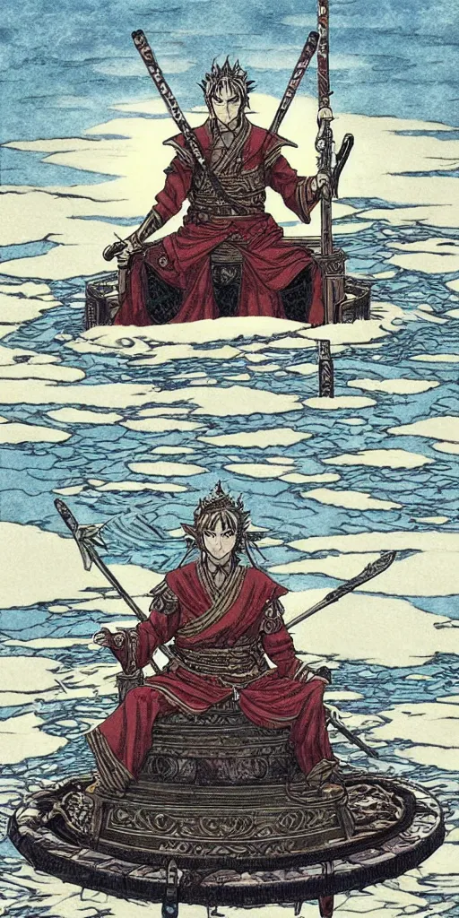 Image similar to a lone emperor sitting on a throne floating on water in the middle of a lake drawn by Makoto Yukimura in the style of Vinland saga anime, full color, detailed, psychedelic