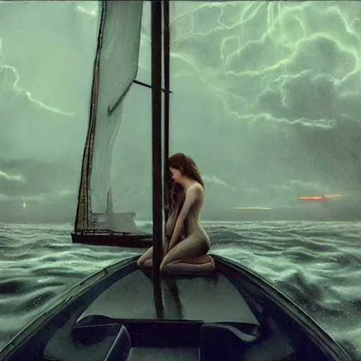 Prompt: silhouette of Elle Fanning on a boat, stormy weather, extremely detailed masterpiece, oil on canvas, low-key neon lighting, artstation, Blade Runner 2049, Roger Deakin’s cinematography, by J. C. Leyendecker and Peter Paul Rubens,