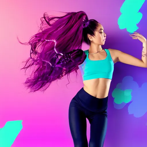 Image similar to a award winning full body shot of a beautiful woman in a croptop and leggings with a ombre purple pink teal hairstyle with head in motion and hair flying, outrun, vaporware, highly detailed, fine detail, intricate