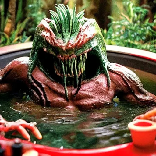 Image similar to a monster from predator in a hot tub